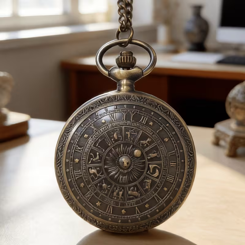 Reloj astral de tono bronce suspendido de su cadena