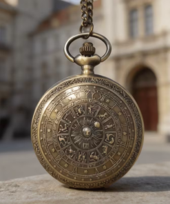 Reloj de bolsillo en tono bronce con un sol central y círculos de símbolos