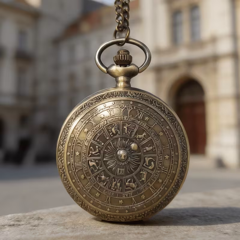 Reloj de bolsillo en tono bronce con un sol central y círculos de símbolos