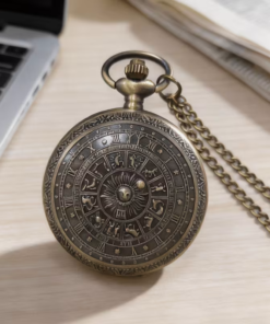 Reloj astral cerrado con su cadena sobre una mesa