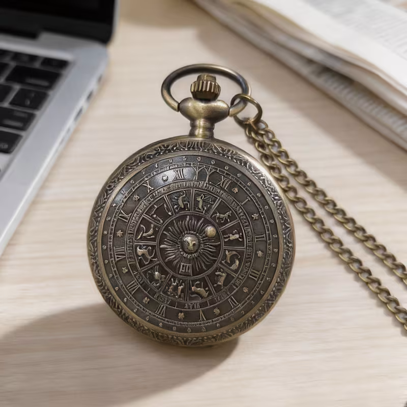 Reloj astral cerrado con su cadena sobre una mesa