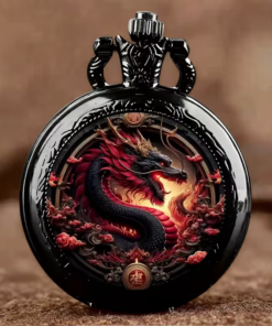 Reloj de bolsillo oscuro con un dragón rojo y negro de perfil