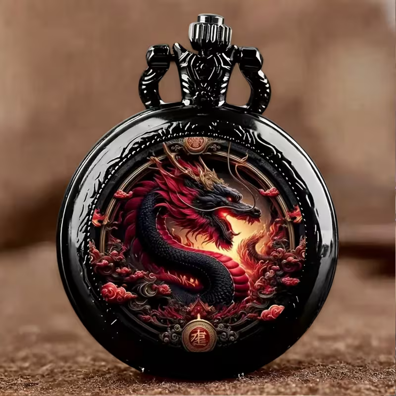 Reloj de bolsillo oscuro con un dragón rojo y negro de perfil