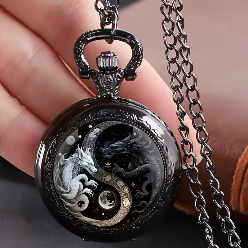 Ilustración de los 2 dragones y anilla ornamentada del reloj
