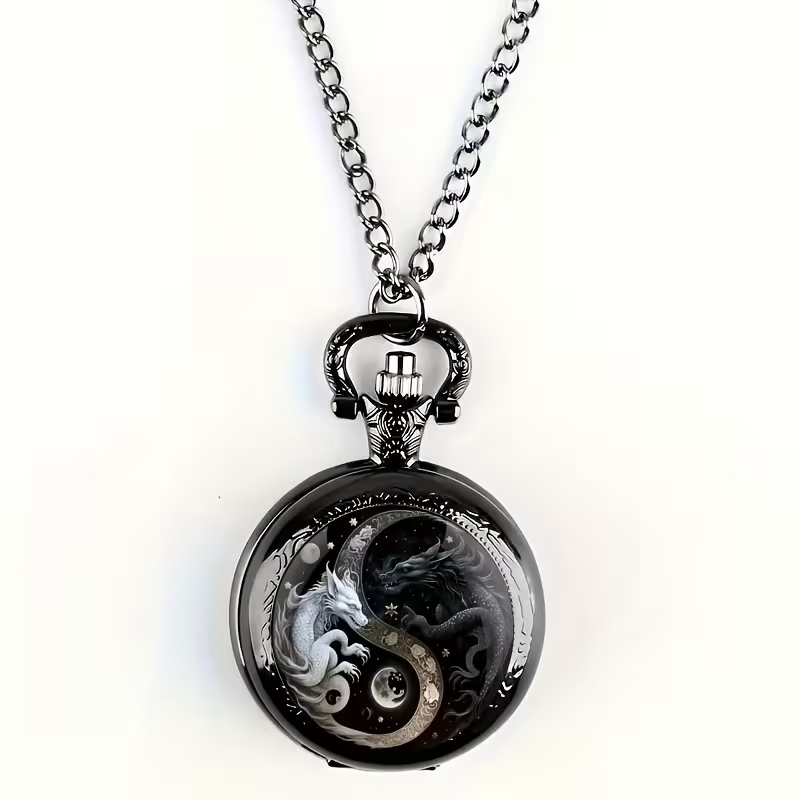 Reloj de bolsillo oscuro con 2 dragones yin yang y cadena