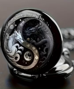 Tapa del reloj abierta con la ilustración de 2 dragones