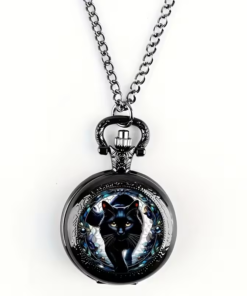 Reloj de bolsillo oscuro con gato negro, marco azul y blanco y cadena