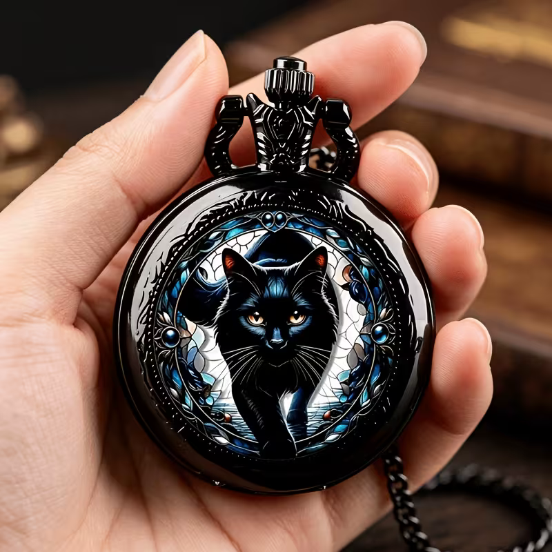 Detalle del reloj con ilustración de gato negro sostenido en una mano