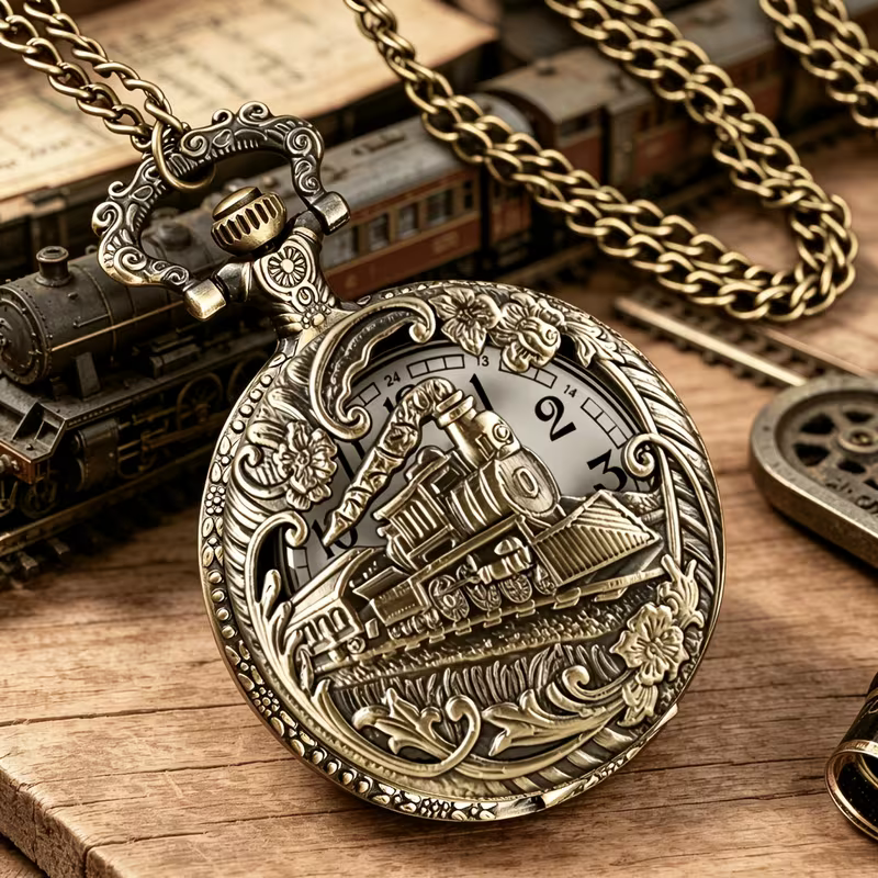 Reloj de locomotora con su cadena sobre un fondo de inspiración ferroviaria