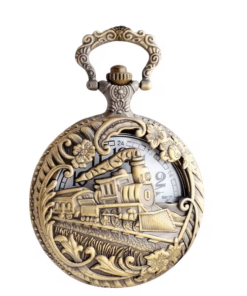 Reloj de bolsillo con locomotora calada y flores en tono bronce