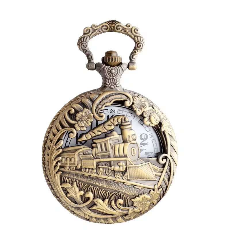 Reloj de bolsillo con locomotora calada y flores en tono bronce
