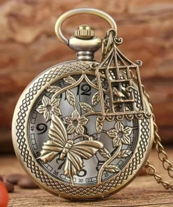 Reloj de bolsillo con mariposa calada, flores y un colgante en forma de jaula