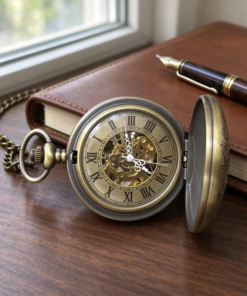 Reloj de arabescos con la tapa abierta junto a una libreta