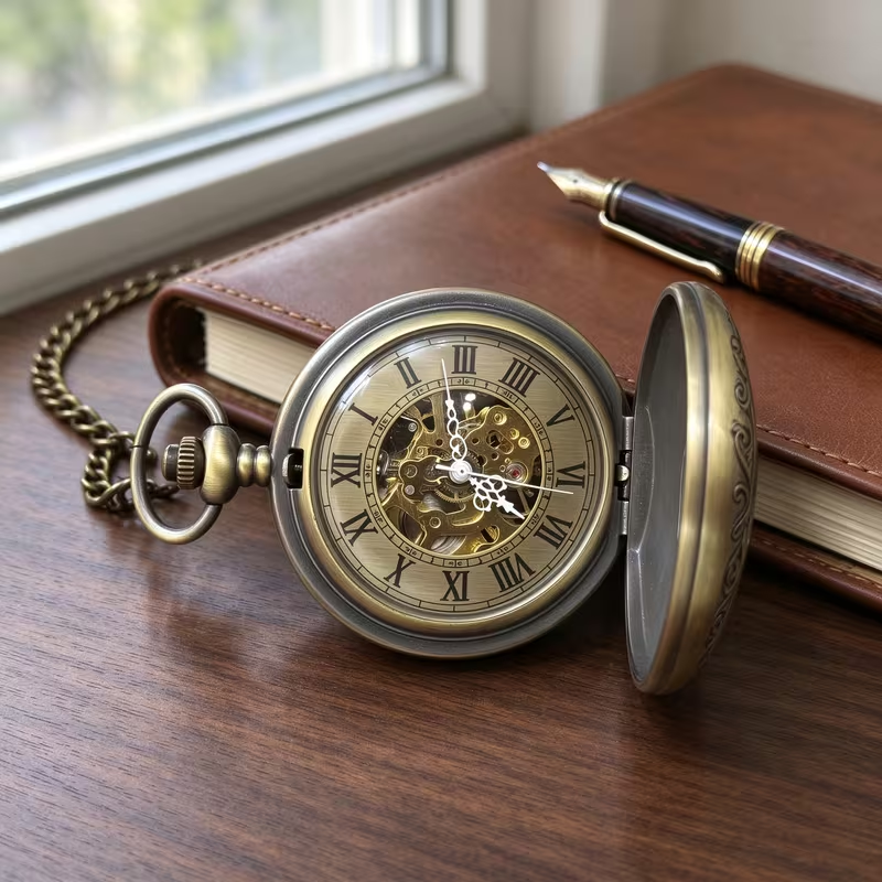 Reloj de arabescos con la tapa abierta junto a una libreta