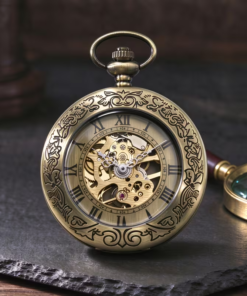 Reloj mecánico en tono bronce con arabescos y esfera romana