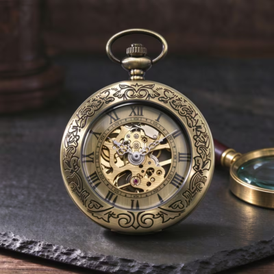 Reloj mecánico en tono bronce con arabescos y esfera romana