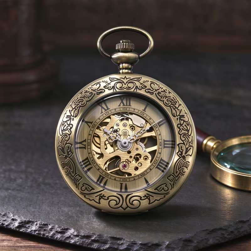 Reloj mecánico en tono bronce con arabescos y esfera romana