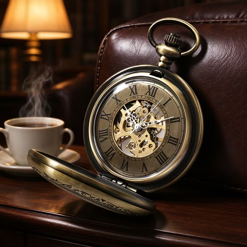 Perfil del reloj con la tapa de arabescos abierta