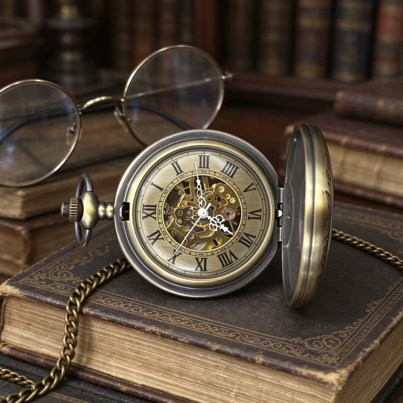 Reloj abierto con esfera romana sobre un libro