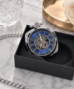 Reloj mecánico azul con cadena de acabado plateado