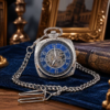 Reloj mecánico de esfera azul arábiga y caja plateada ornamentada