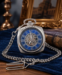 Reloj mecánico de esfera azul arábiga y caja plateada ornamentada