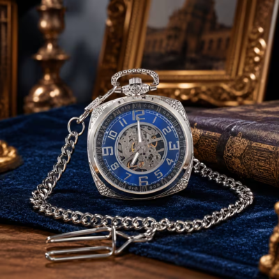 Reloj mecánico de esfera azul arábiga y caja plateada ornamentada