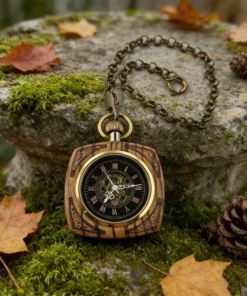 Reloj cuadrado efecto madera con cadena sobre una piedra con musgo