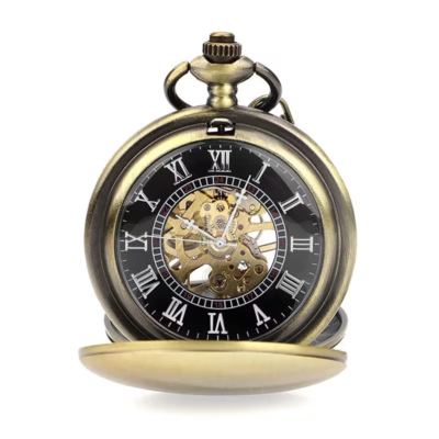 Reloj mecánico de doble tapa con esfera romana negra y centro abierto