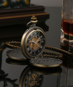 Reloj mecánico de esfera negra con ambas tapas abiertas
