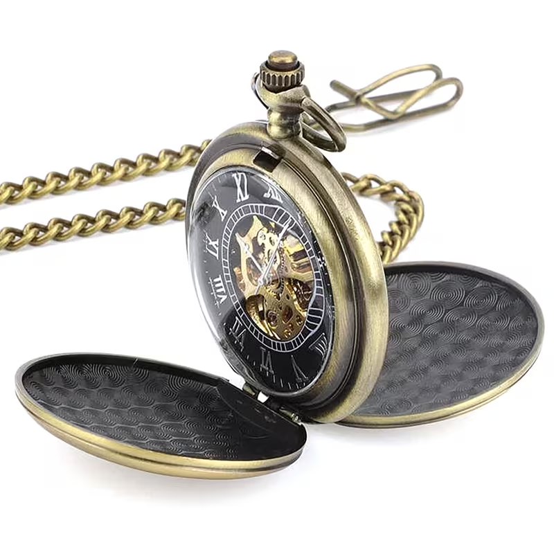 Reloj de bolsillo con las 2 tapas abiertas y esfera negra
