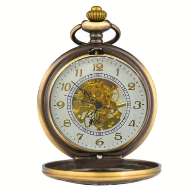 Reloj mecánico abierto con esfera blanca, números arábigos y centro visible