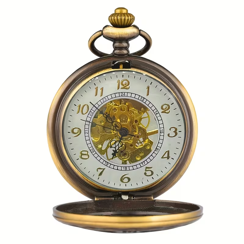 Reloj mecánico abierto con esfera blanca, números arábigos y centro visible