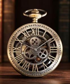 Reloj mecánico con tapa calada de números romanos y engranajes decorativos