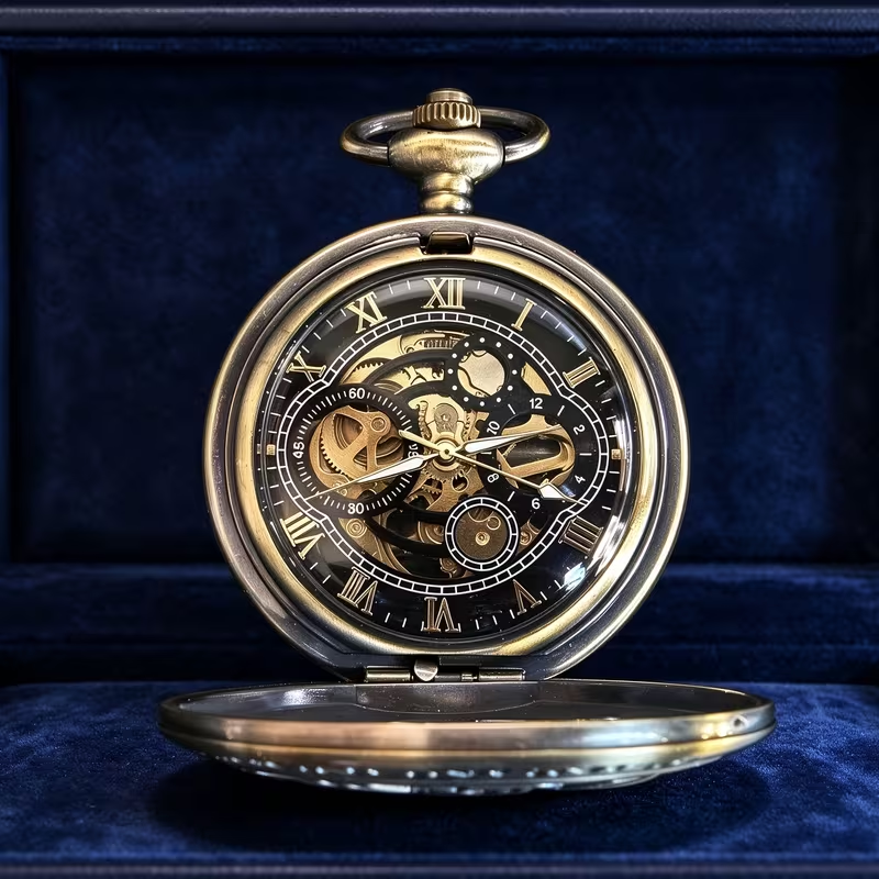Reloj mecánico abierto con esfera negra y centro visible