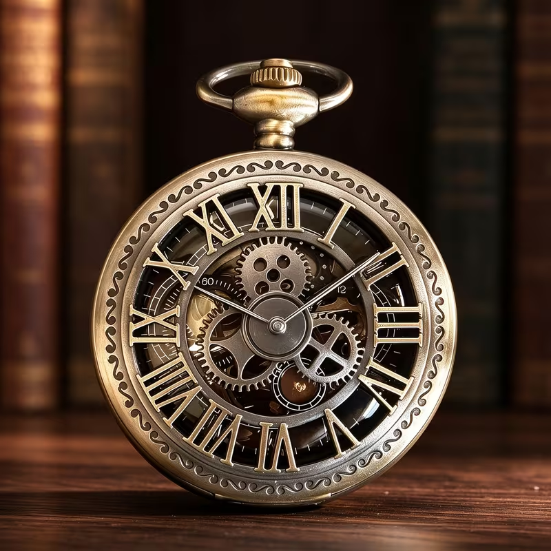 Reloj mecánico con tapa calada de números romanos y engranajes decorativos