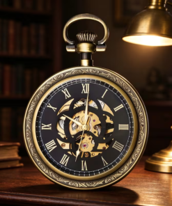 Reloj de bolsillo negro y dorado sobre un escritorio