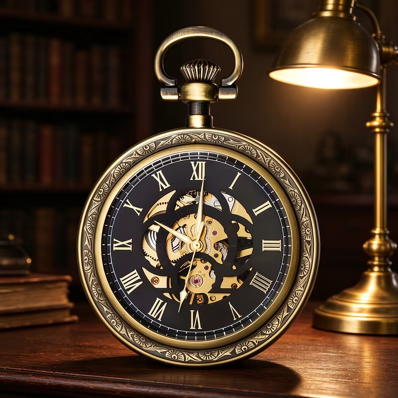 Reloj de bolsillo negro y dorado sobre un escritorio