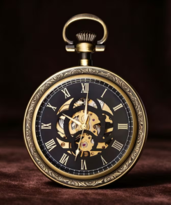 Reloj mecánico con esfera romana negra y centro abierto en espiral