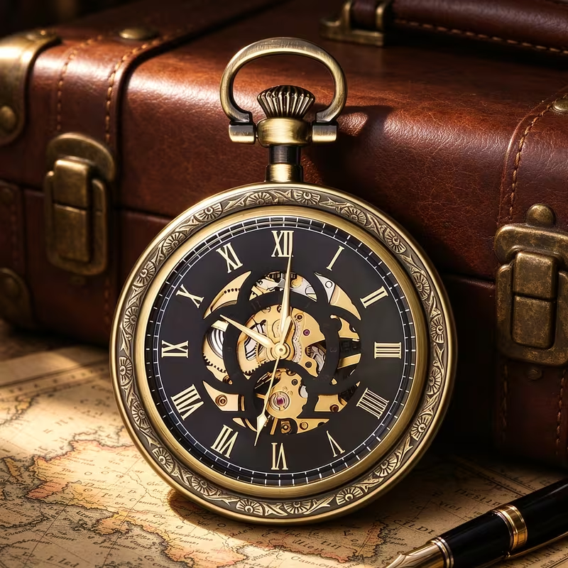 Reloj de espiral negra junto a una maleta y un mapa