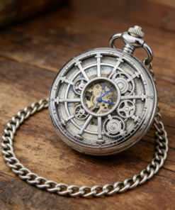 Reloj mecánico plateado con tapa de radios y engranajes decorativos