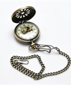 Reloj mecánico abierto con esfera clara y cadena