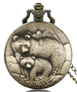 Reloj de bolsillo en tono bronce con un oso y una cría