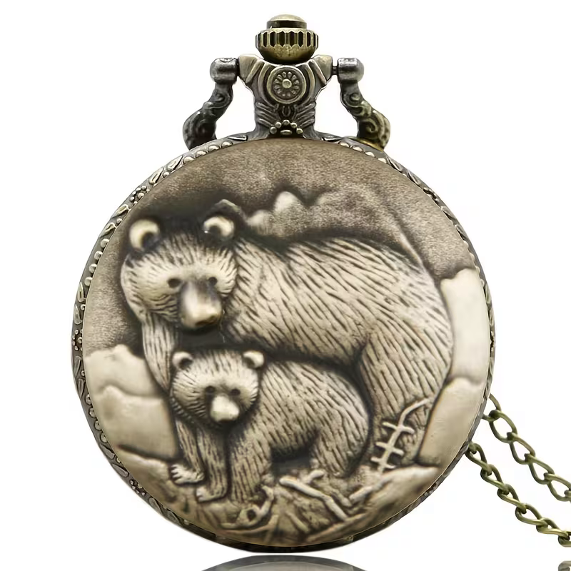 Reloj de bolsillo en tono bronce con un oso y una cría