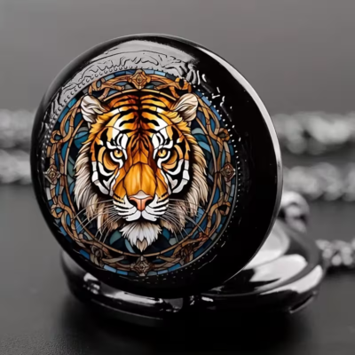 Reloj de bolsillo oscuro con retrato frontal de tigre y marco ornamental