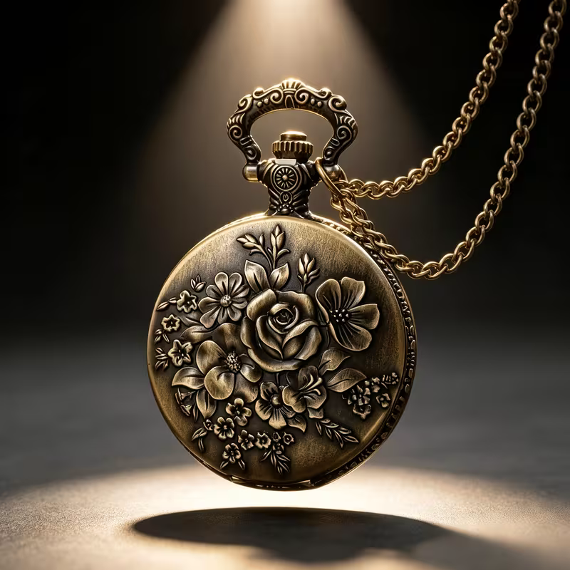 Reloj floral de tono bronce suspendido de su cadena