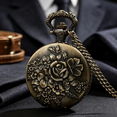 Reloj de bolsillo en tono bronce con una rosa central rodeada de flores y hojas