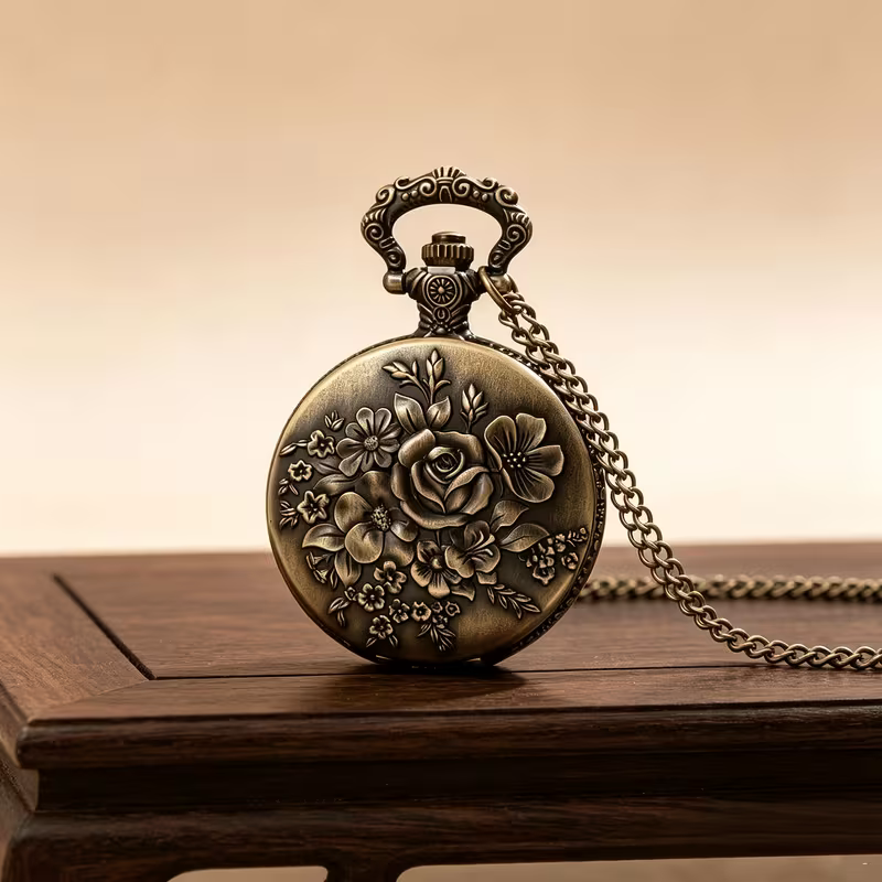 Reloj de rosa floral con cadena sobre una mesa de madera