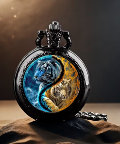 Reloj de tigres con cadena de acabado oscuro sobre madera
