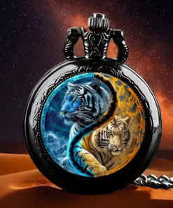 Reloj de tigres yin yang sobre un fondo azul y naranja